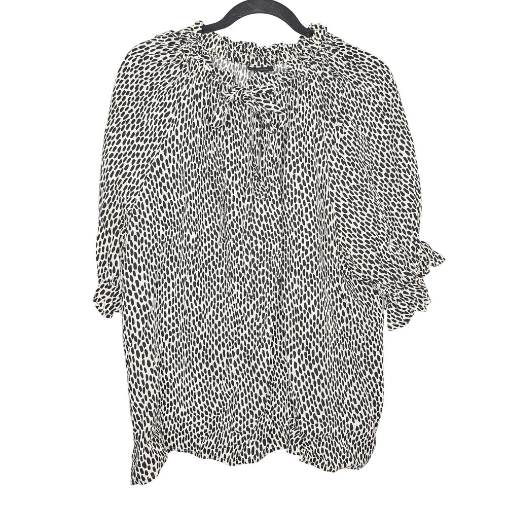 Who What Wear Womens 1X Dotted Print Ruffle Neck Tie Blouse Black White